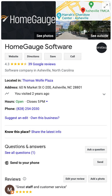 HomeGauge Google Business listing